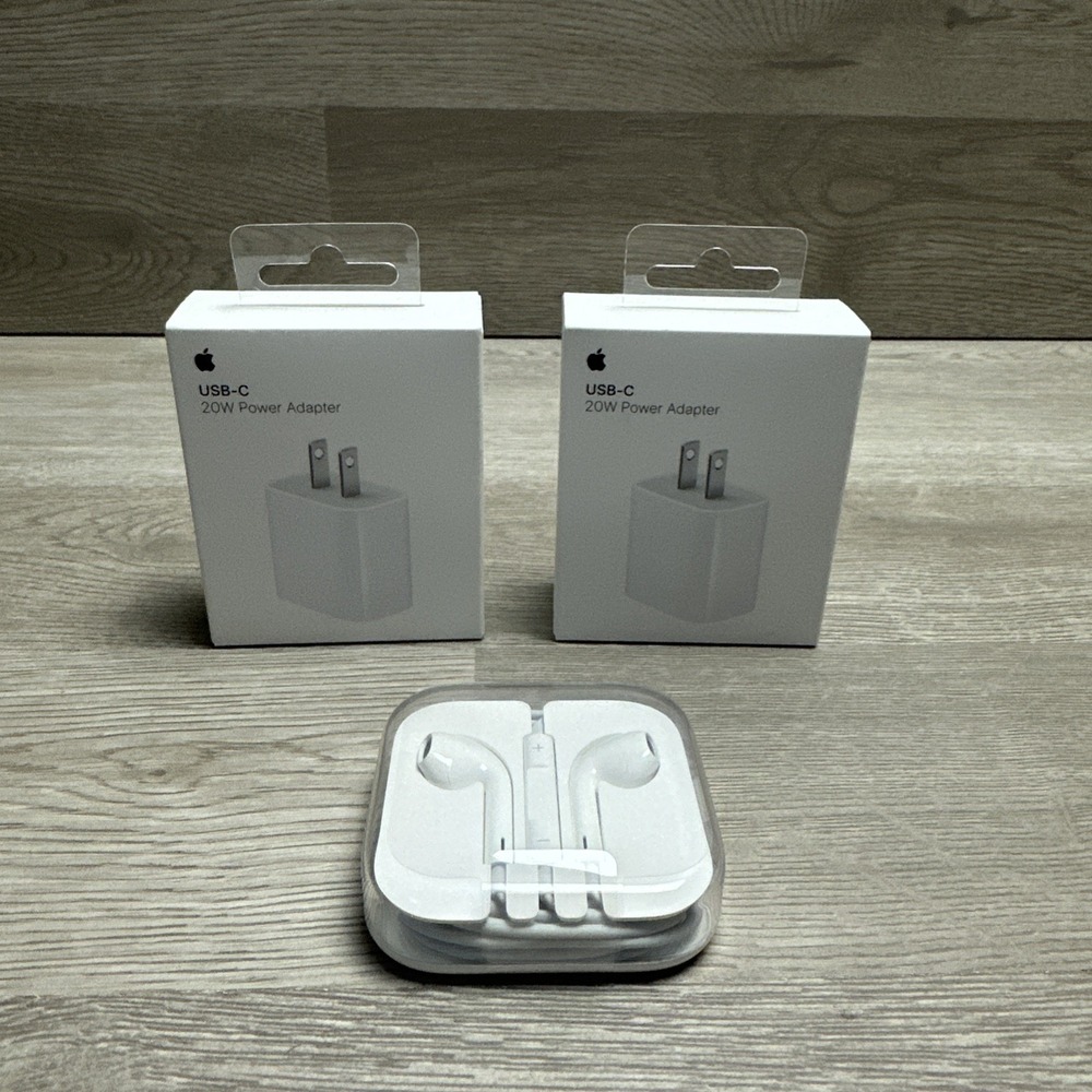 NEW GENUINE - Apple USB-C 20W Power Adapter Lot Of 2 SEALED W/New Apple Ear Pods
